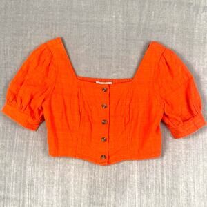 Orange Gauze Smocked Crop Top Womens Size XL 100% Cotton Puff Sleeve Milkmaid